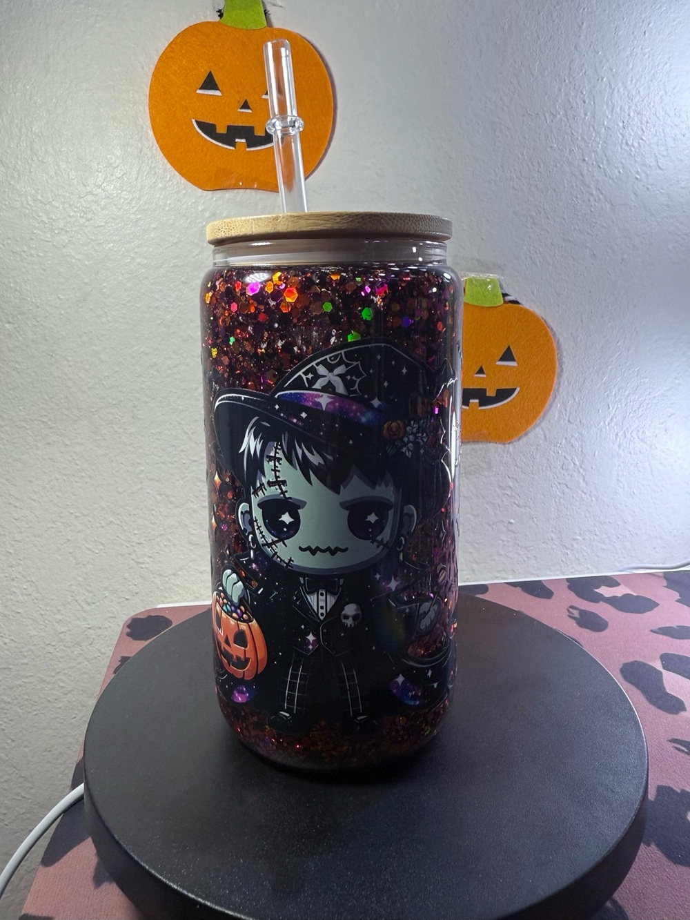 Halloween Sparkle Glitter Tumbler with Witch Graphic - Black & Orange